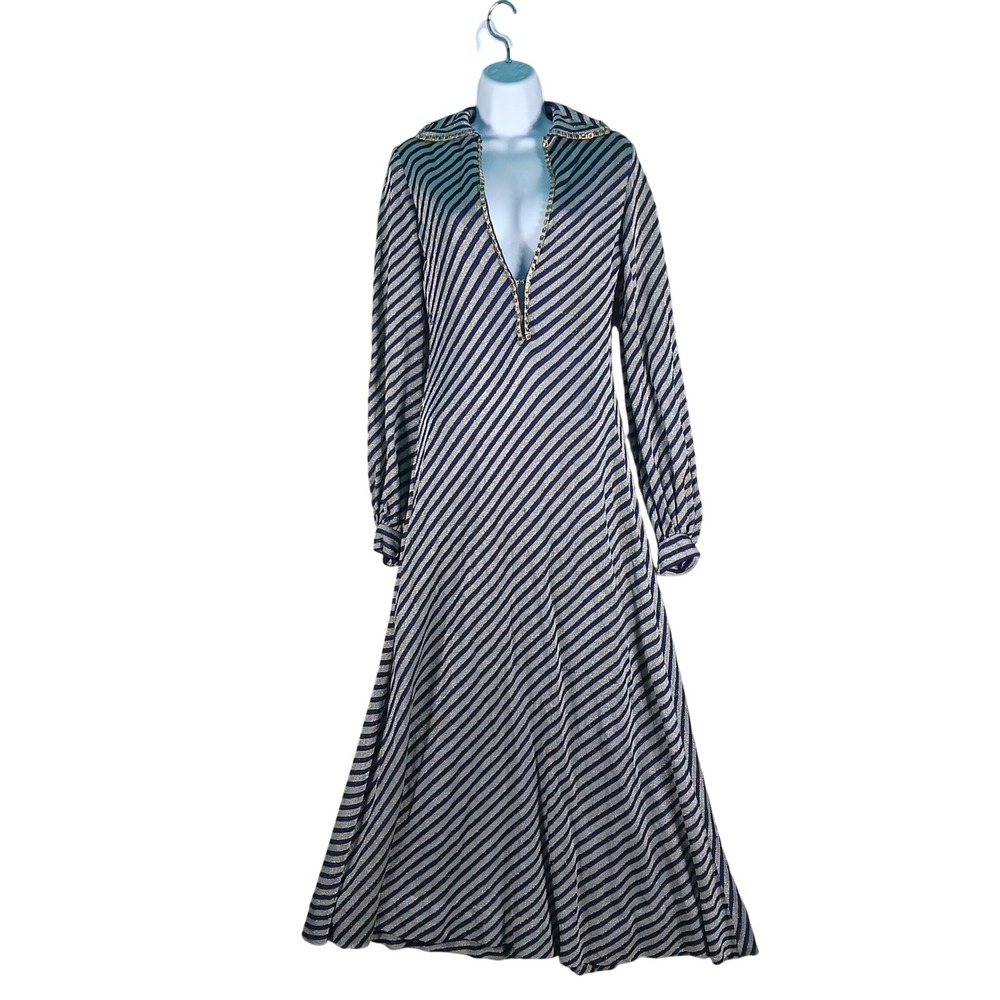 VTG 70s Perullo for Fred Perlberg Maxi Dress Small Blue Silver Metallic Disco